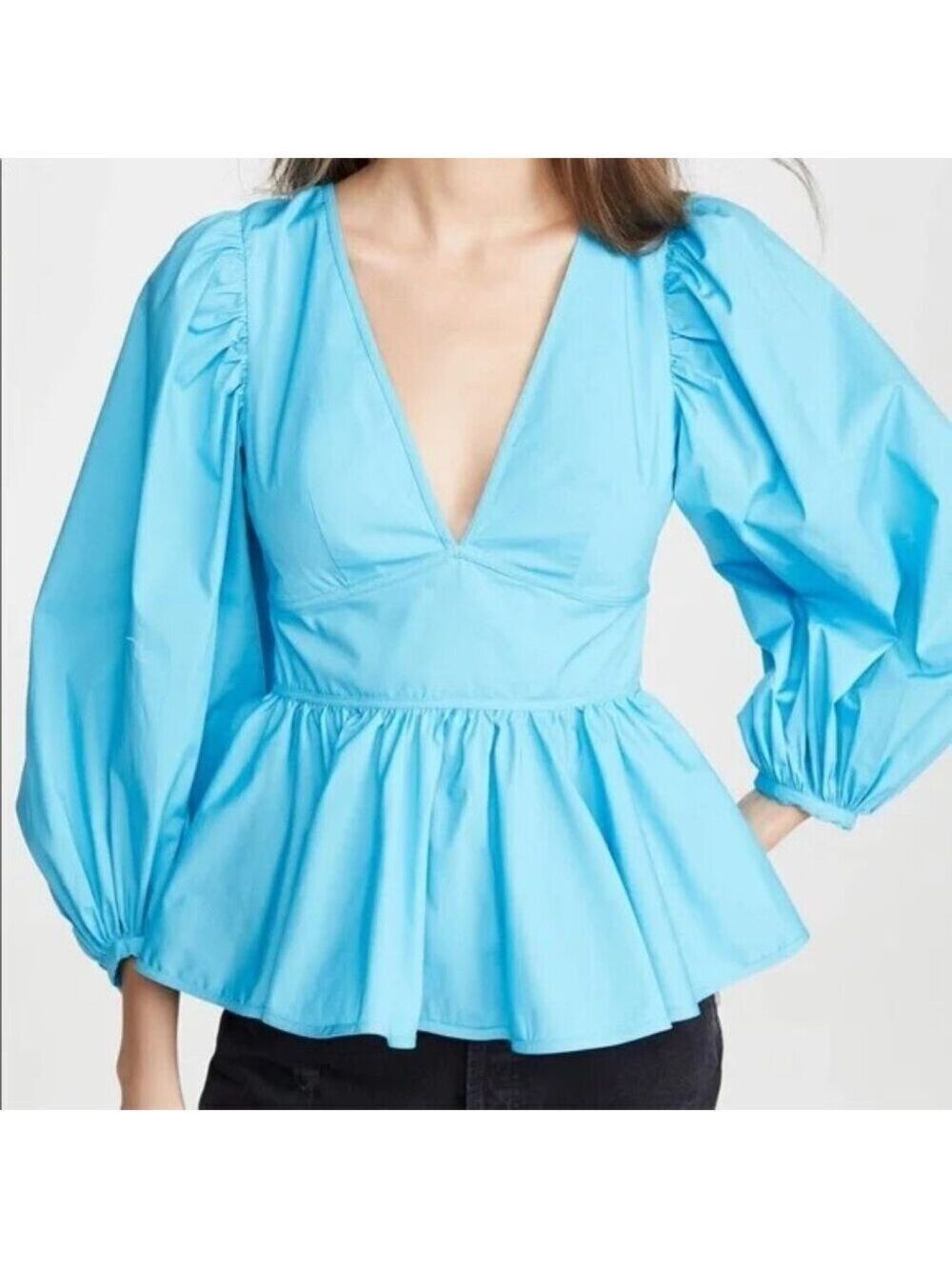 STAUD Women's Luna Top Vibrant Blue Blouse with Puff Sleeves Size 4 Deep V Neck